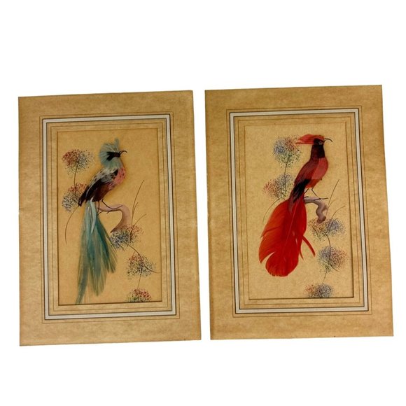 Vintage Feather Bird Art Pieces Set of 2,Red & Blue Animal Home Wall Art 5x7 - Picture 1 of 12